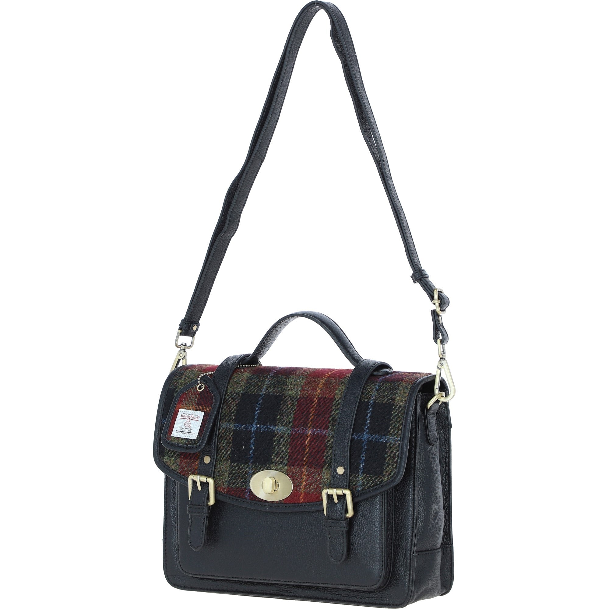 Ashwood Leather & Harris Tweed® Cloth Large Satchel Bag with Twist Lock Black/Green/Red: TW-35-07-BR