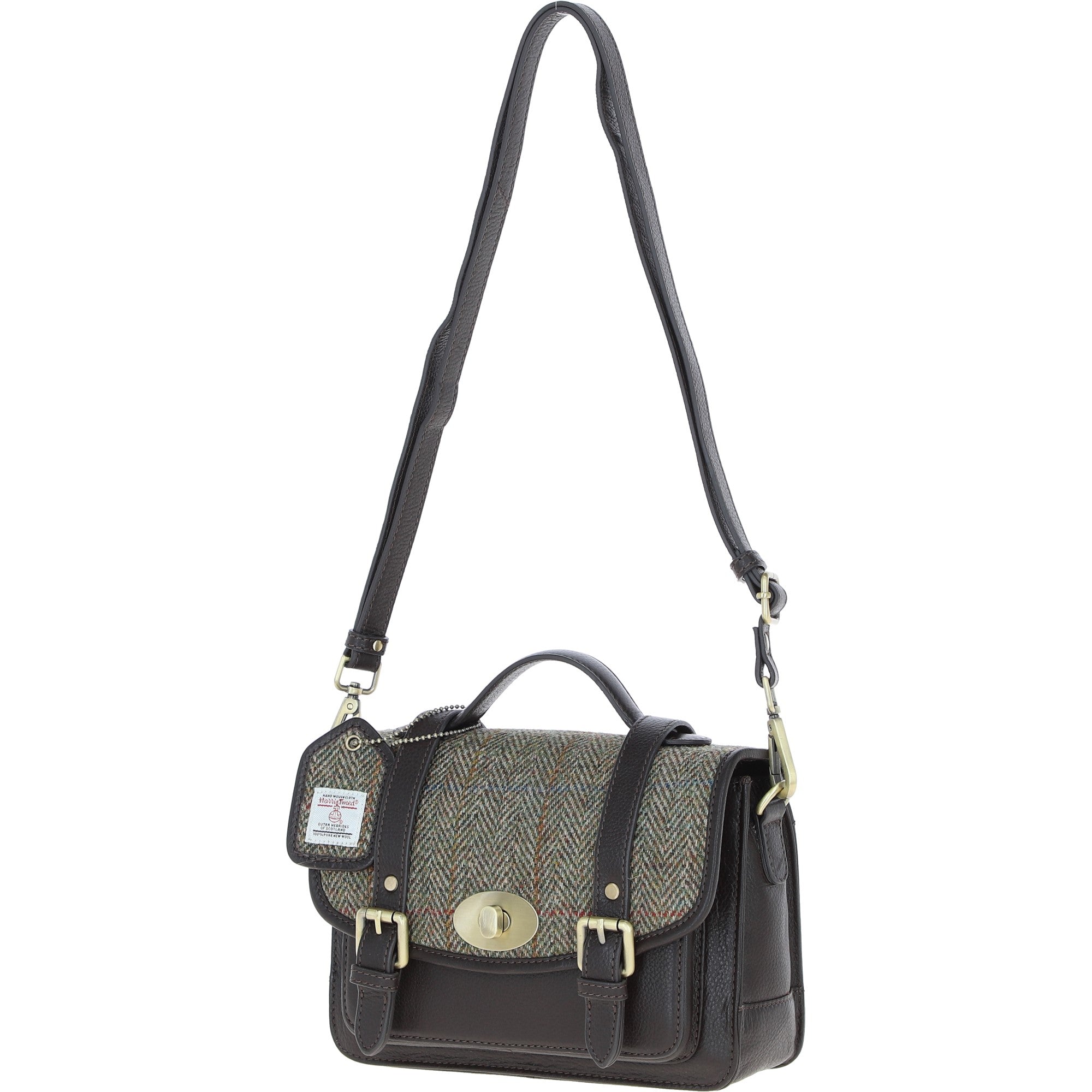 Ashwood Leather & Harris Tweed® Cloth Medium Satchel Bag with Twist Lock Brown/Green: TW-34-09-BG