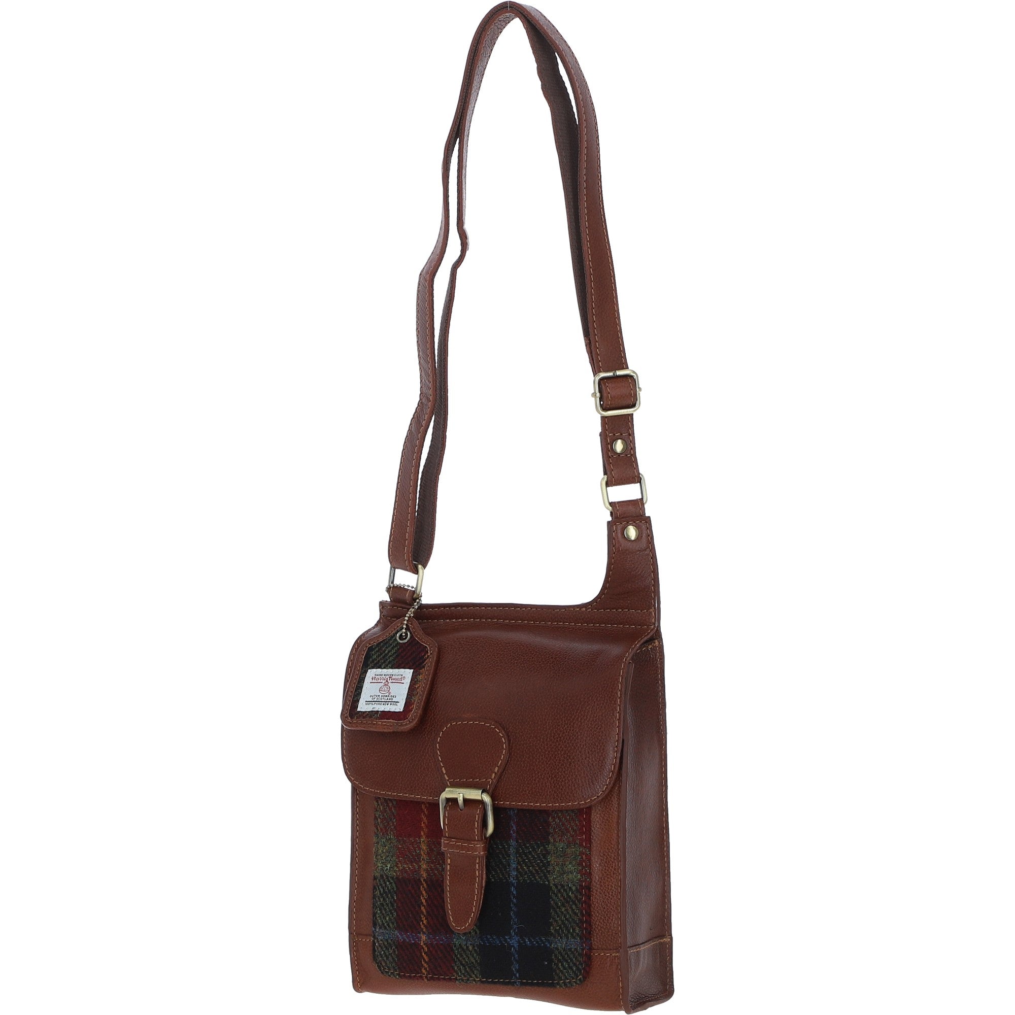 Ashwood Leather & Harris Tweed® Cloth Crossbody Bag Tan/Green/Red: TW-24-08-TR
