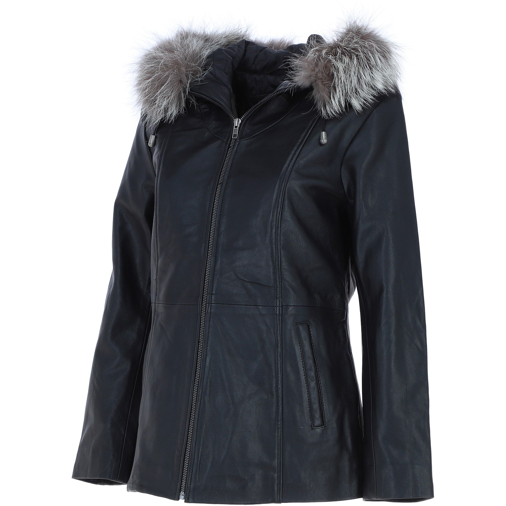 Ashwood Leather Hooded Jacket with Fur Trim Black: J-1948 F