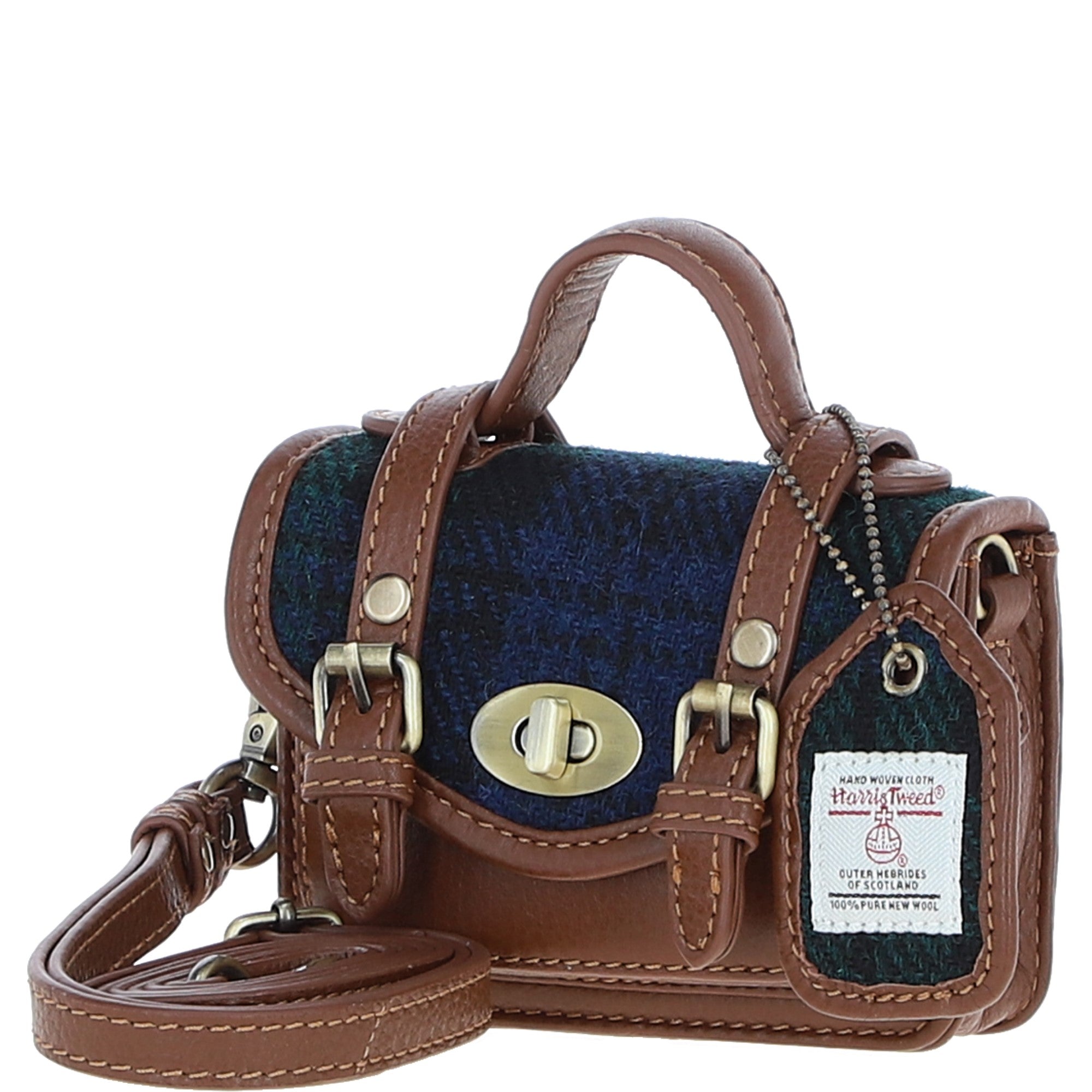 Ashwood Leather & Harris Tweed® Cloth Micro Satchel Bag with Twist Lock Tan/Watch:TW-36-04-TW