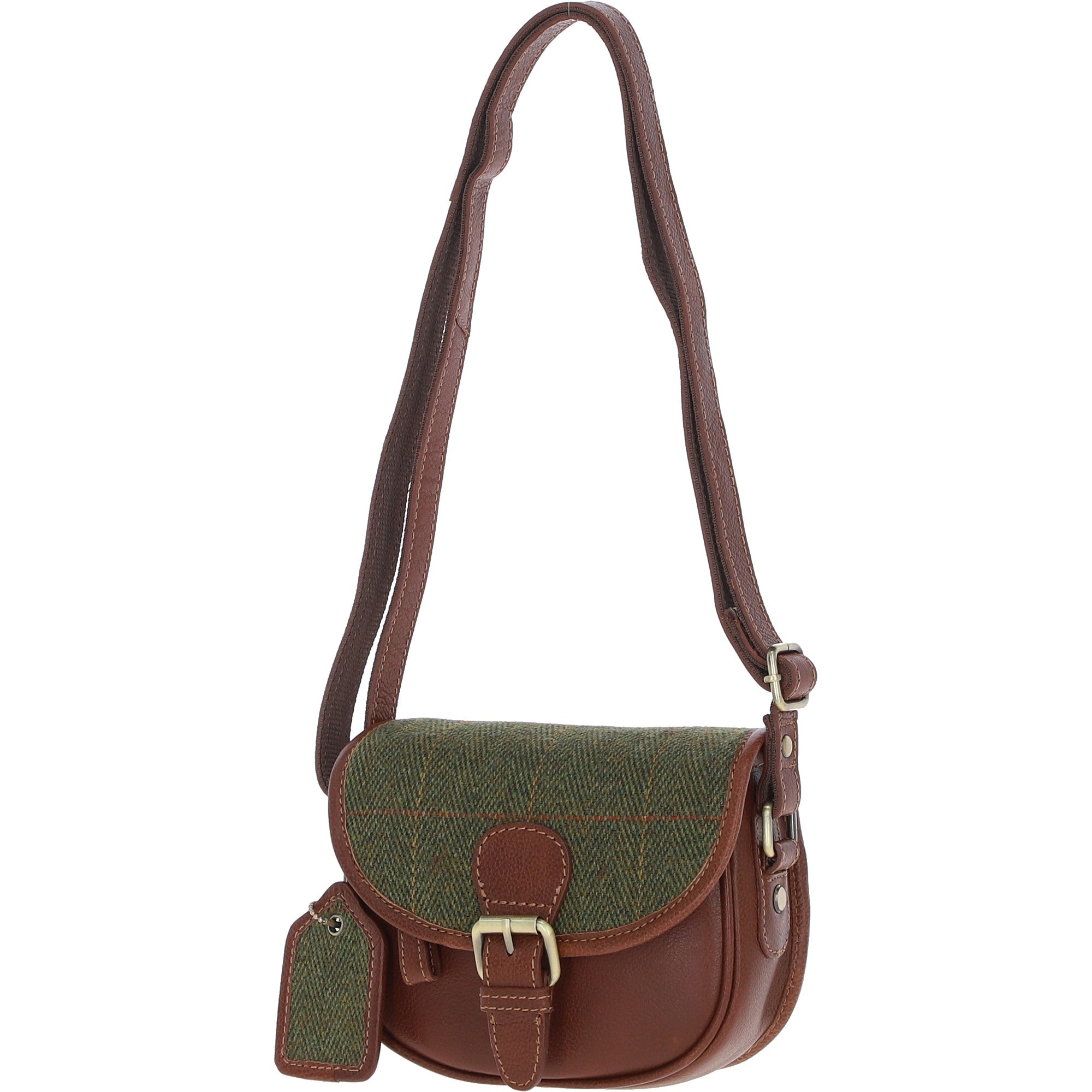 Ashwood Leather & Tweed Saddle Bag Tan/Green Check: TW-26-010-TGNH