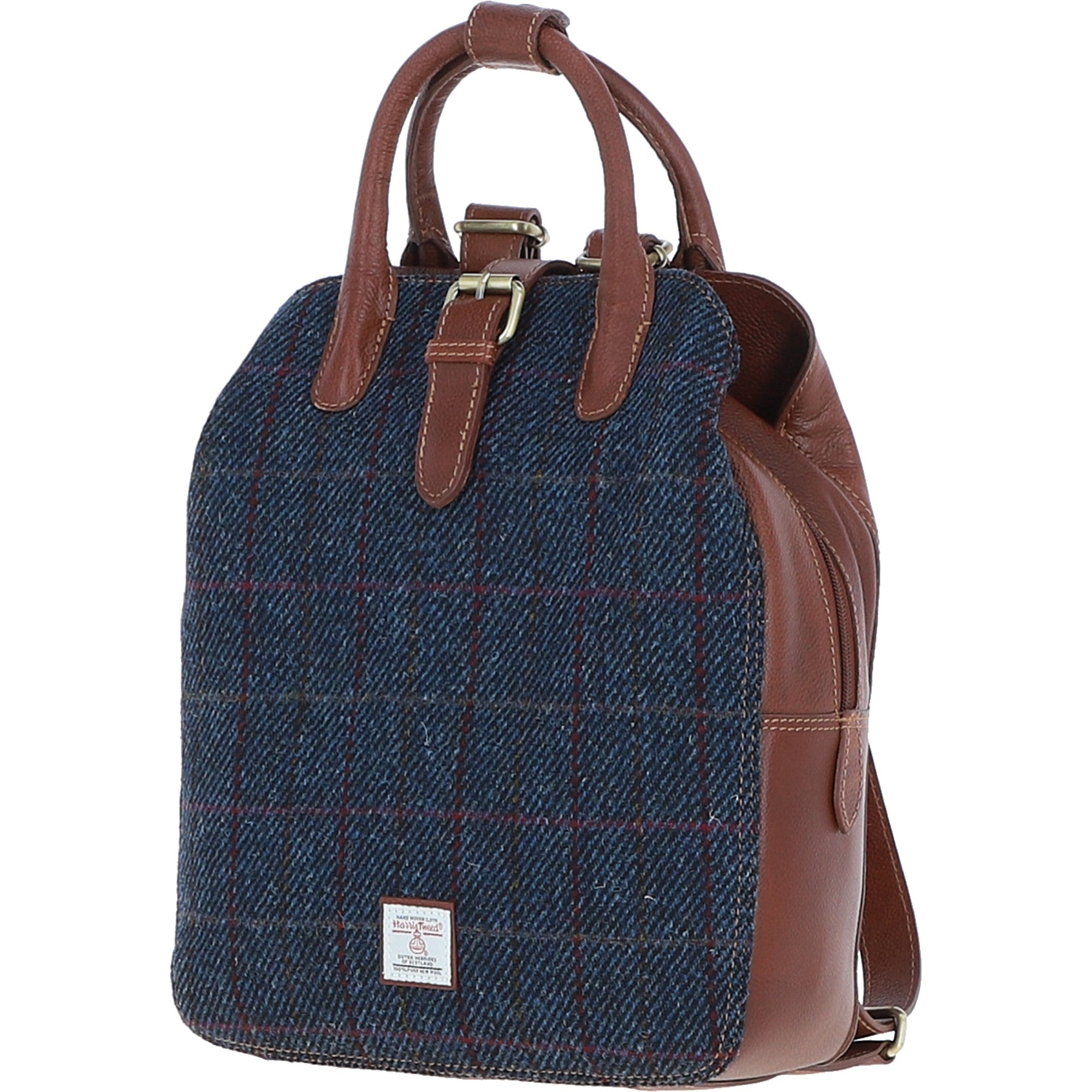 Ashwood Leather & Harris Tweed® Cloth Multi-Pocket Backpack Tan/Navy: TW-66-11-TN