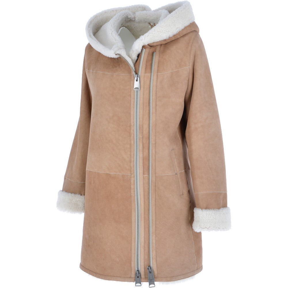Ladies Hooded Sheepskin Coat Tan: KB 999