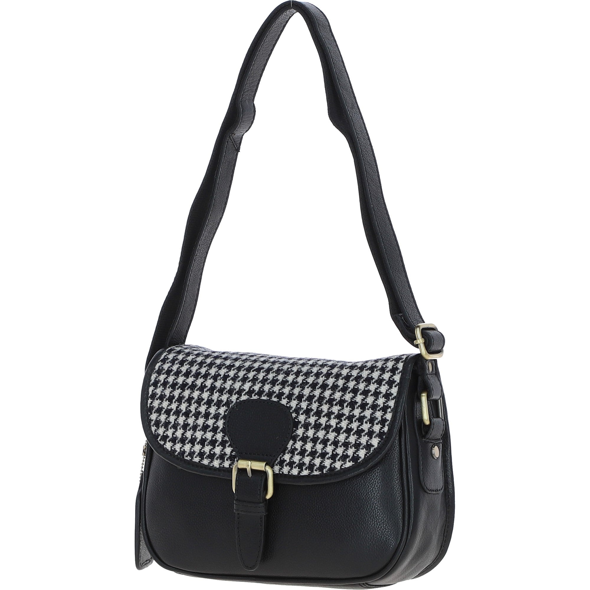 Elegant Ashwood Leather & Harris Tweed® Cloth Crossbody Bag Black/White: TW-27-012-BW