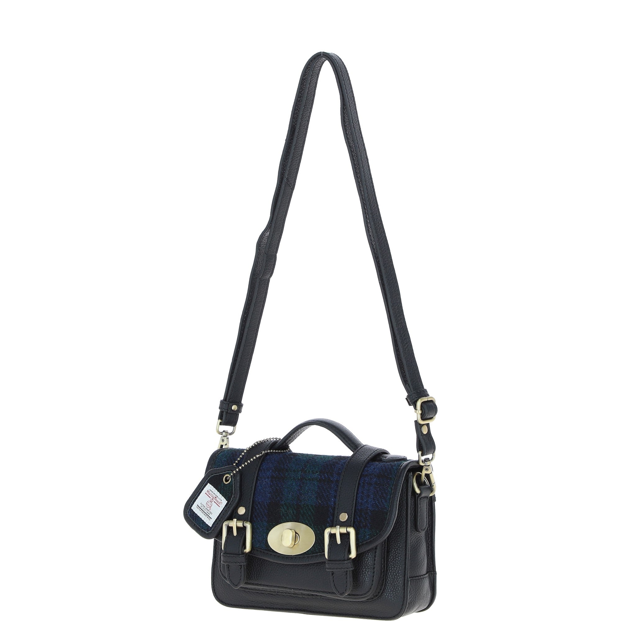 Ashwood Leather & Harris Tweed® Cloth Small Satchel Bag with Twist Lock Black/Watch: TW-33-03-BW