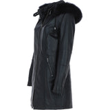 Women's Detachable Fur Hood 3/4 Leather Jacket Black: A-1947