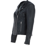 Real Leather Ladies Biker Jacket with Mandarin Collar Black: AWL-N32