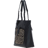 Black Leather Shoulder Bag with Leopard Print Pocket: ELA 1128