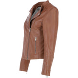 Real Leather Ladies Biker Jacket with Mandarin Collar Tan: AWL-N32