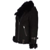 Womens Luxury Side Zip Toscana Suede Sheepskin Pilot Jacket Black: KB-806