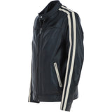 Men's Real Leather Biker Jacket with Cream Contrast stripes Black: AWM-552