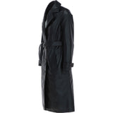 Elegant Longline Women's Leather Trench Coat with Waist Tie Black: awl-trench