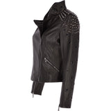 Ladies Vegetable Tanned Leather Studded Biker Jacket Black: DC 648