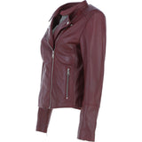 Real Leather Ladies Biker Jacket with Mandarin Collar Burgundy: AWL-N32