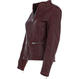 Ladies Veg Tanned Leather Mandarin Collar Biker Jacket Burgandy: AWL-265