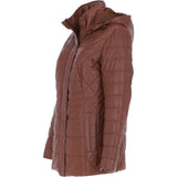 Women’s Genuine Leather Quilted Hooded Jacket by Ashwood Leather in Tan: Walbusch