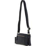 Two Section Zip Top Leather Crossbody Bag Black: K-44