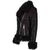 Womens Long Curly Sheepskin Suede Pilot Jacket Black: P-36