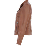 Real Leather Ladies Biker Jacket with Mandarin Collar Tan: AWL-N32