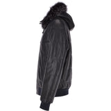 Men's Leather Hooded Bomber Jacket Dark Blue: 1160