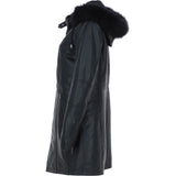 Women's Detachable Fur Hood 3/4 Leather Jacket Black: A-1947
