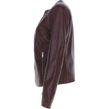 Collarless Ladies Casual Leather Jacket Burgundy: AWL-1282
