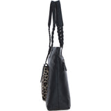Black Leather Shoulder Bag with Leopard Print Pocket: ELA 1128