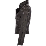 Ladies Vegetable Tanned Leather Studded Biker Jacket Black: DC 648