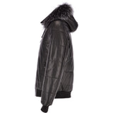 Men's Leather Hooded Bomber Jacket Black: 1160