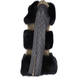Mongolian Style Gold Studded Leather And Long Haired Fur Trim Coat Black: 9034-T4
