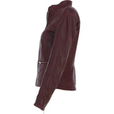 Ladies Veg Tanned Leather Mandarin Collar Biker Jacket Burgandy: AWL-265
