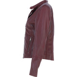 Real Leather Ladies Biker Jacket with Mandarin Collar Burgundy: AWL-N32