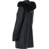 Women's Detachable Fur Hood 3/4 Leather Jacket Black: A-1947