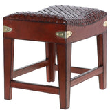 Leather Covered Wood Frame Vintage Woven Leather Stool Chestnut: LF-143