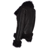 Womens Long Curly Sheepskin Suede Pilot Jacket Black: P-36