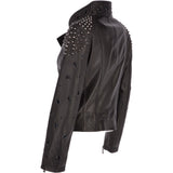 Ladies Vegetable Tanned Leather Studded Biker Jacket Black: DC 648