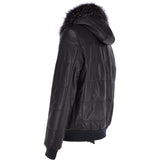 Men's Leather Hooded Bomber Jacket Dark Blue: 1160