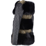 Mongolian Style Gold Studded Leather And Long Haired Fur Trim Coat Black: 9034-T4