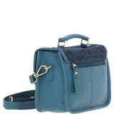 Ashwood Leather & Harris Tweed® Cloth Small Satchel Bag Teal/Navy: TW-67-16-TN