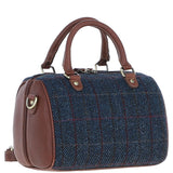 Ashwood Leather & Harris Tweed® Cloth Medium Barrel Bag Tan/Navy: TW-62-11-TN