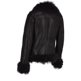 Womens Long Curly Sheepskin Suede Pilot Jacket Black: P-36