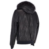 Men's Leather Hooded Bomber Jacket Dark Blue: 1160