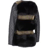 Mongolian Style Gold Studded Leather And Long Haired Fur Trim Coat Black: 9034-T4
