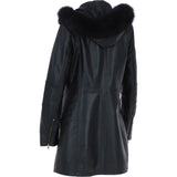 Women's Detachable Fur Hood 3/4 Leather Jacket Black: A-1947