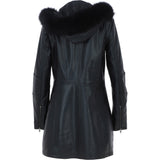 Women's Detachable Fur Hood 3/4 Leather Jacket Black: A-1947