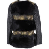 Mongolian Style Gold Studded Leather And Long Haired Fur Trim Coat Black: 9034-T4