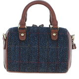 Ashwood Leather & Harris Tweed® Cloth Small Barrel Bag Tan/Navy: TW-61-11-TN