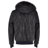 Men's Leather Hooded Bomber Jacket Dark Blue: 1160