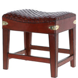 Leather Covered Wood Frame Vintage Woven Leather Stool Chestnut: LF-143